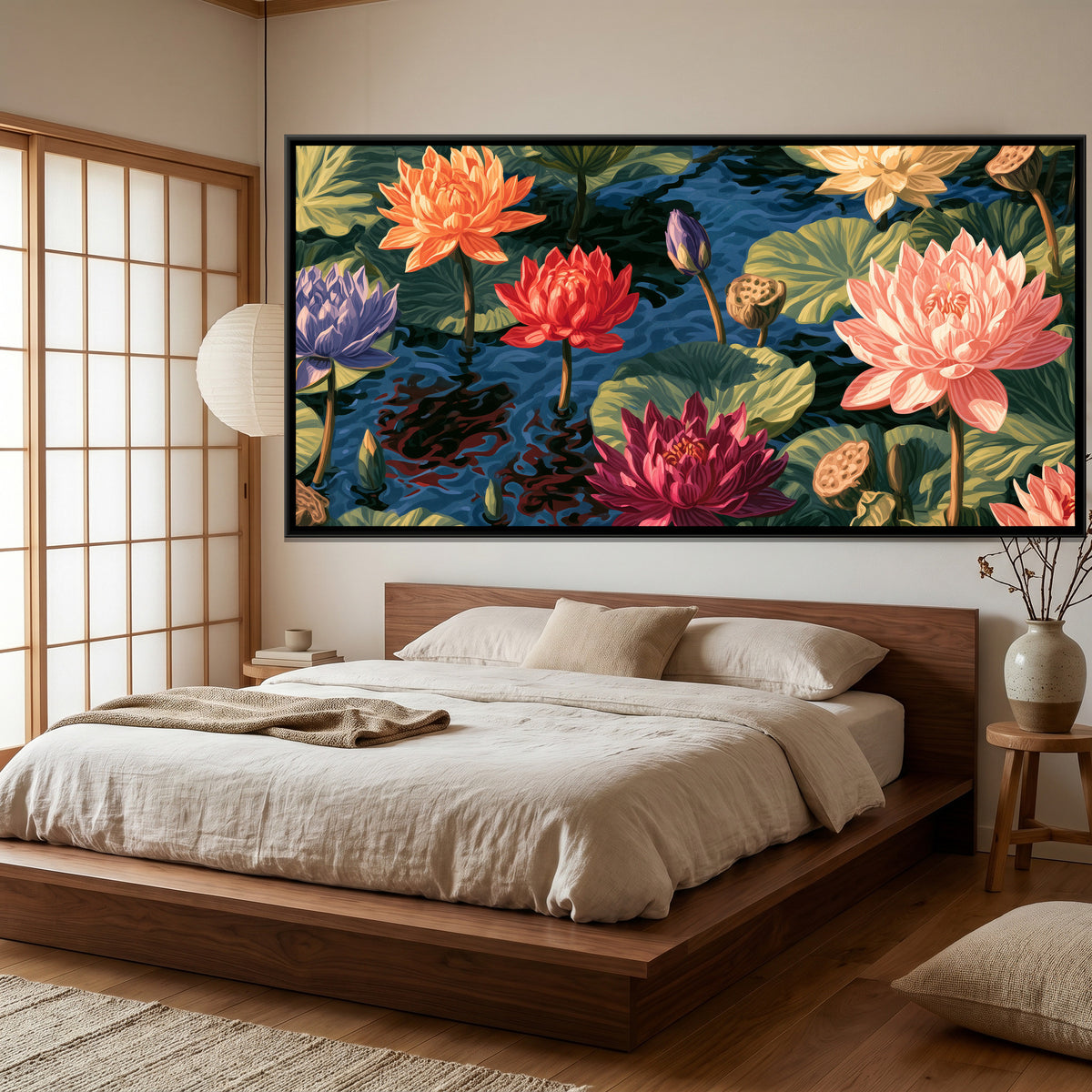 Lotus Pond — canvas art shown in a styled room