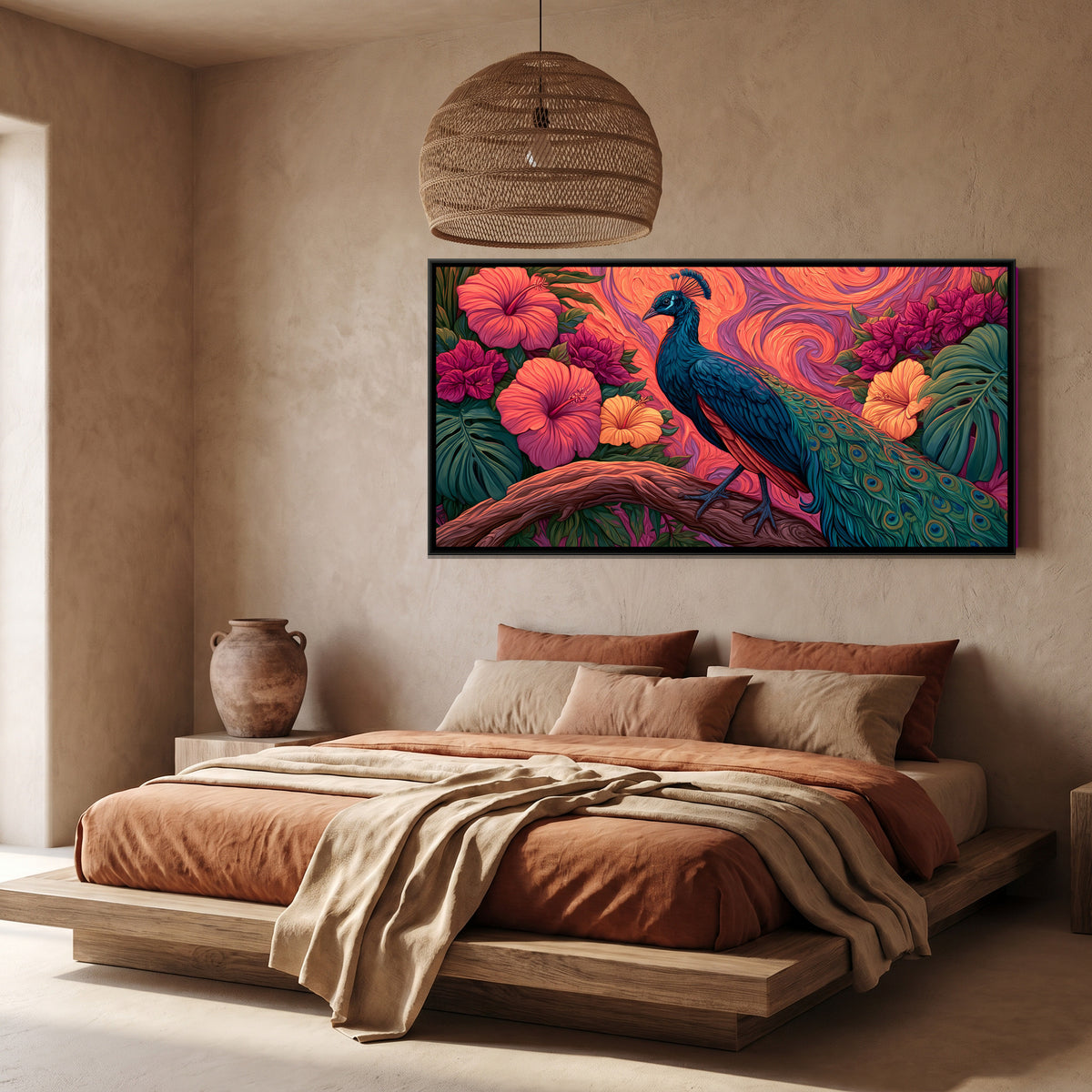 Peacock and Hibiscus — canvas art shown in a styled room