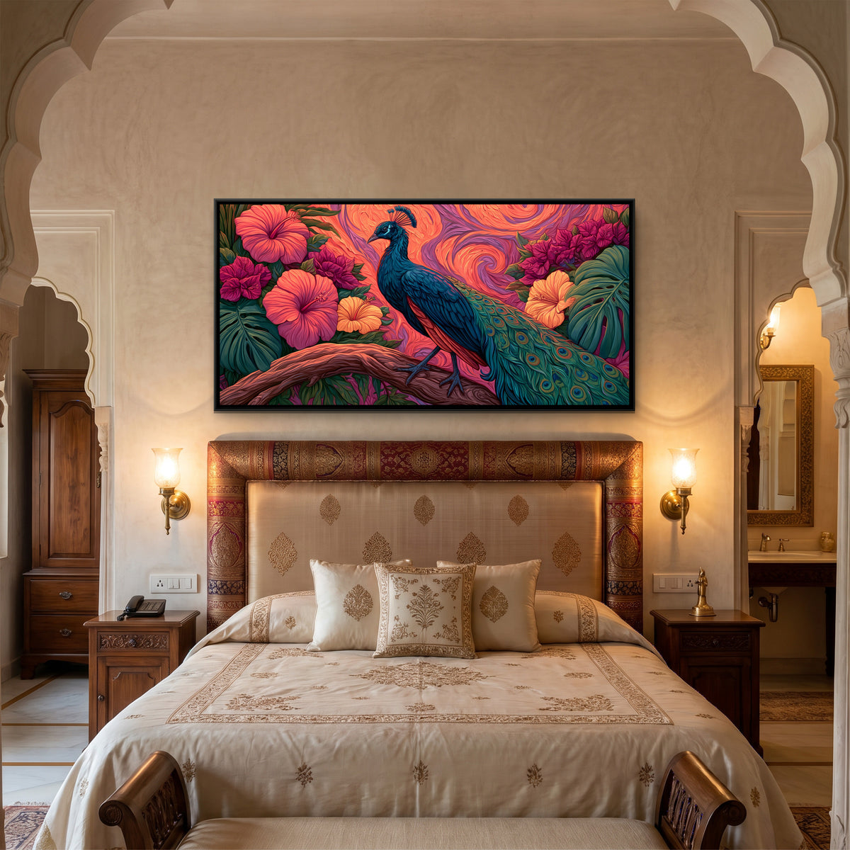 Peacock and Hibiscus — canvas art shown in a second room setting