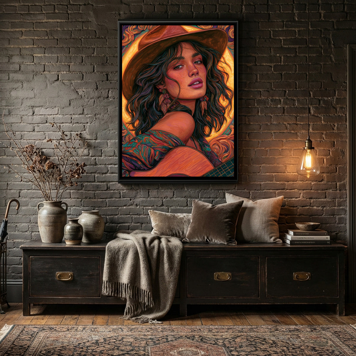 Woman with Guitar — canvas art shown in a second room setting