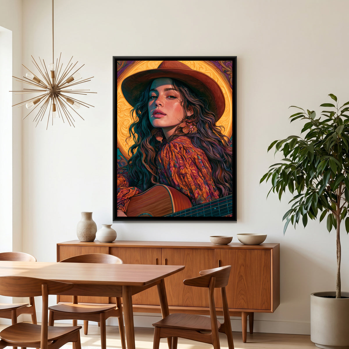 Woman with Guitar — canvas art shown in a styled room