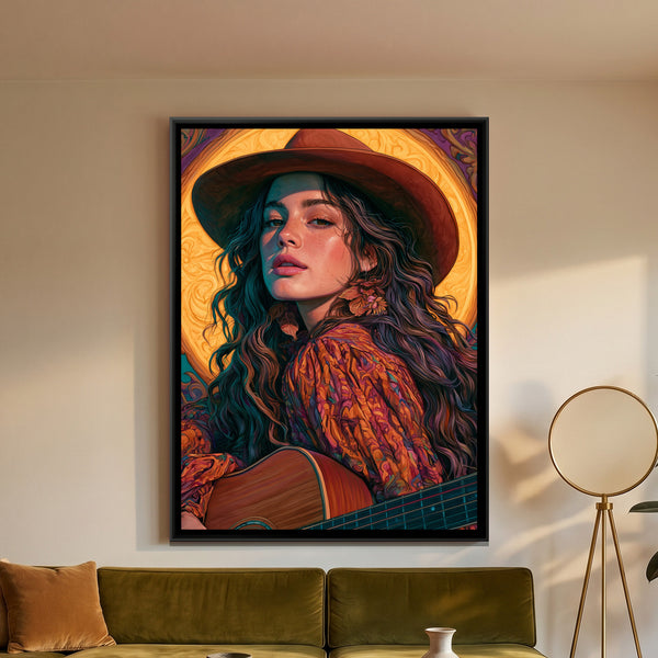 Woman with Guitar — framed canvas art hung on a wall