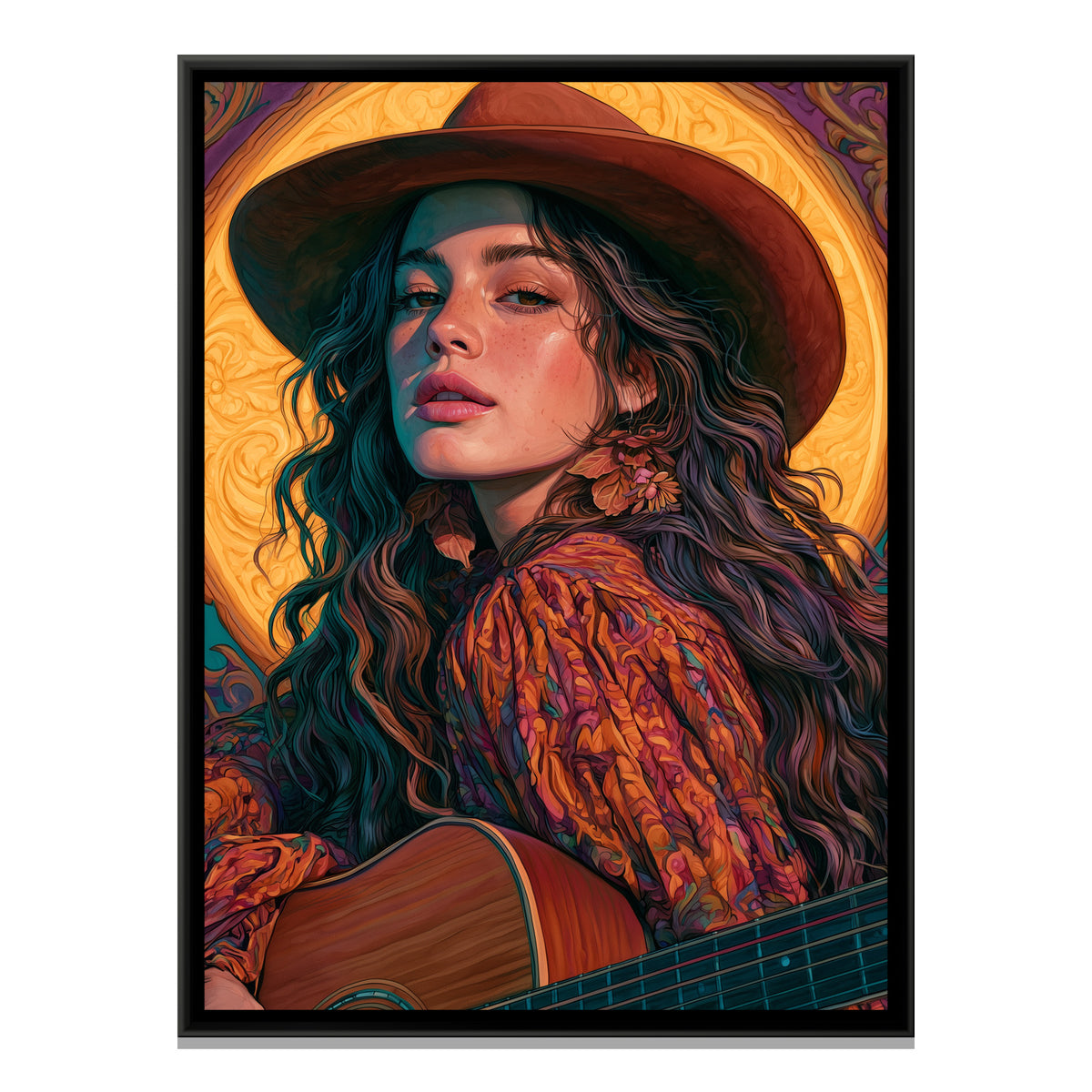 Woman with Guitar — framed canvas print, front view