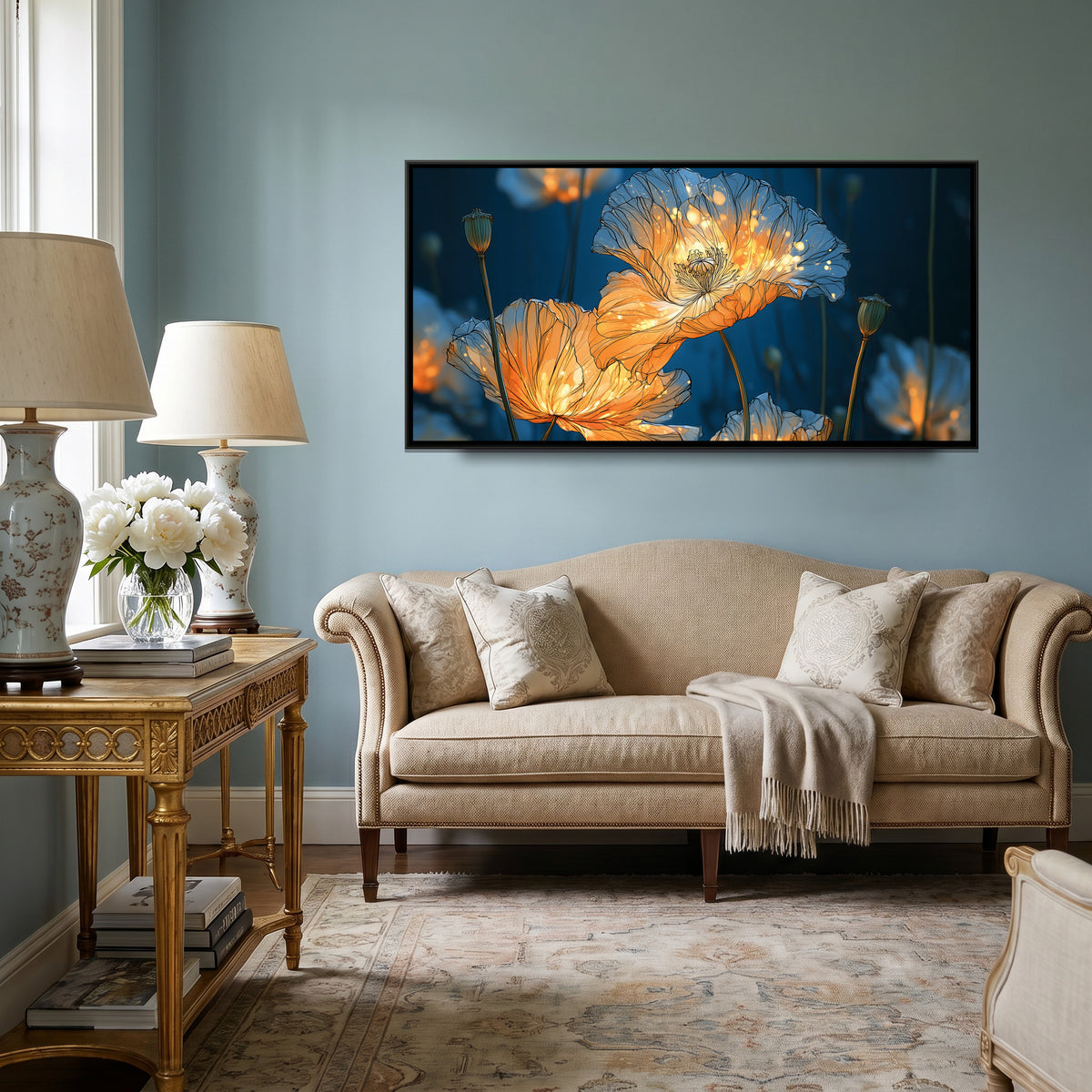 Orange Poppies — canvas art shown in a second room setting