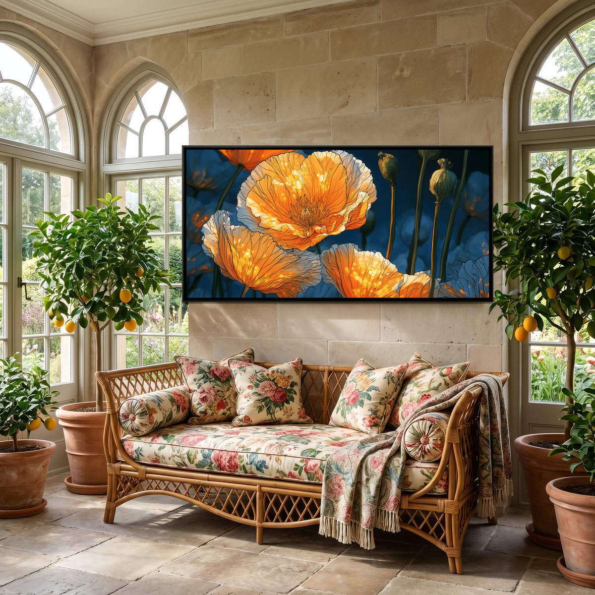 Orange Poppies — canvas art shown in a second room setting