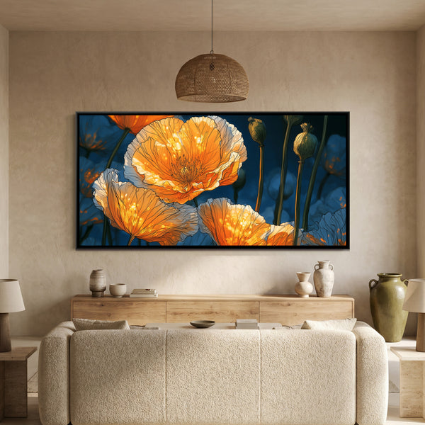 Orange Poppies — framed canvas art hung on a wall