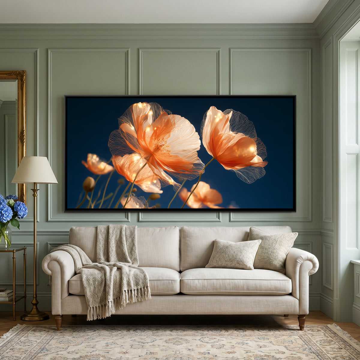 Orange Poppies — framed canvas art hung on a wall