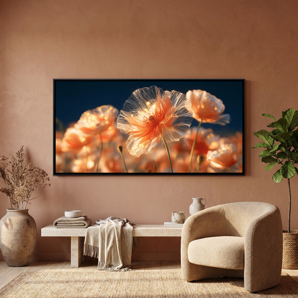 Orange Poppies — framed canvas art hung on a wall