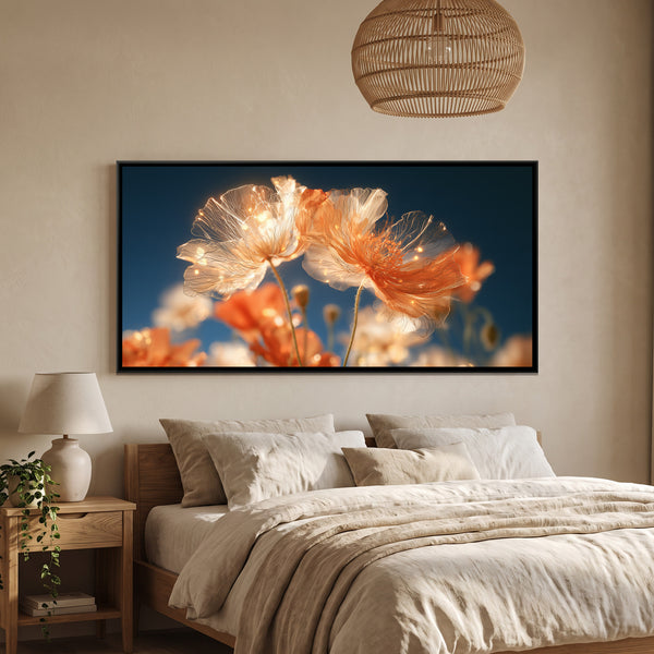 Orange Poppies — framed canvas art hung on a wall