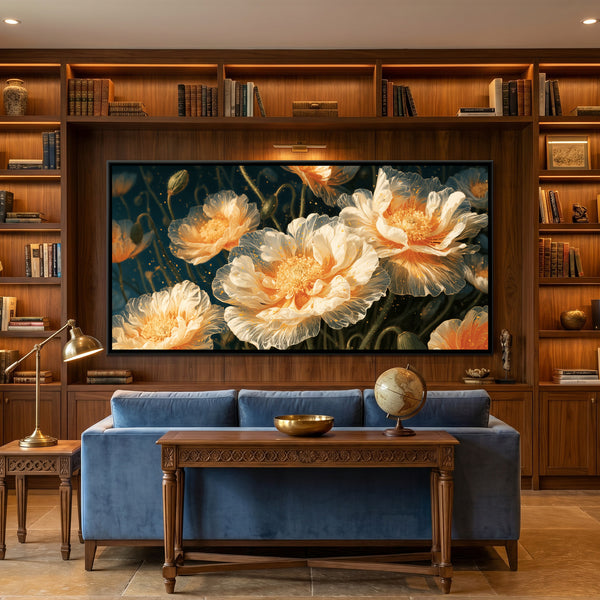 Orange Poppies — framed canvas art hung on a wall