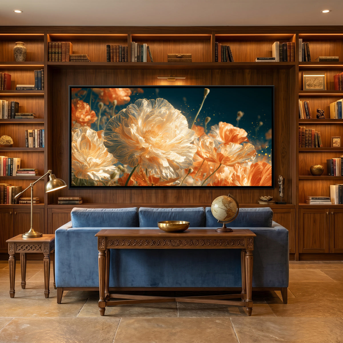 Orange Poppies — canvas art shown in a second room setting