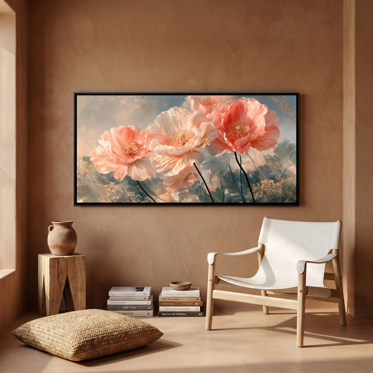 Pink Poppies — canvas art shown in a second room setting