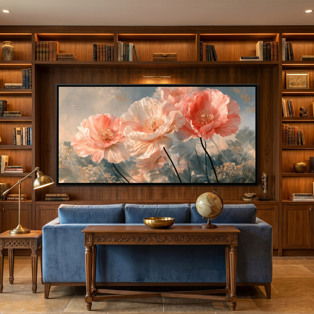 Pink Poppies — framed canvas art hung on a wall