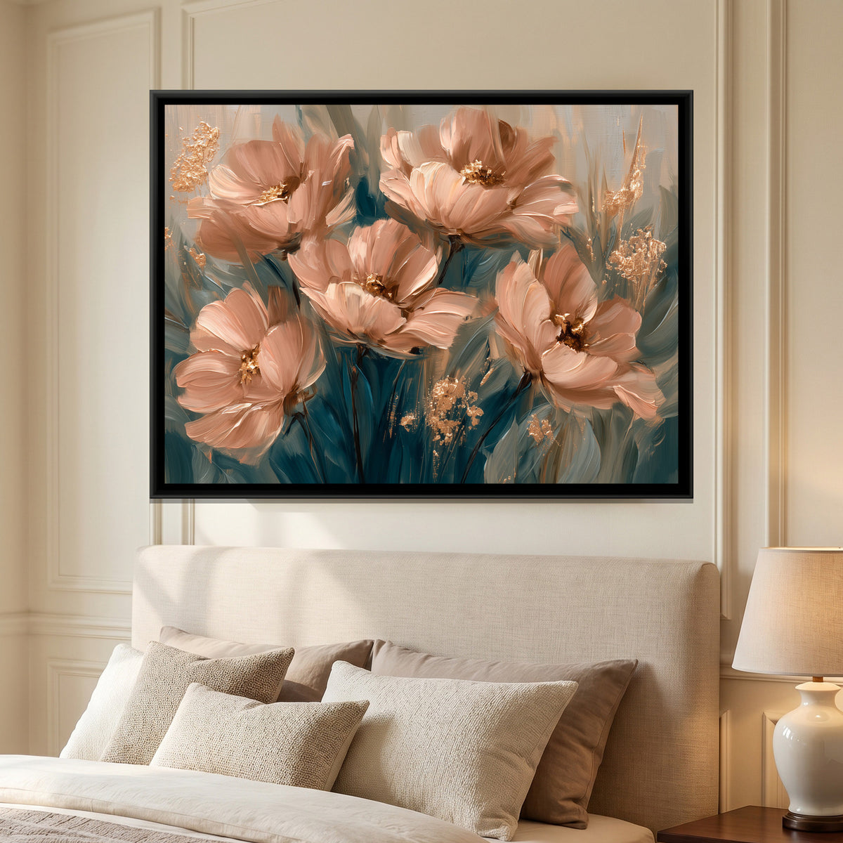 Peach Poppies — framed canvas art hung on a wall