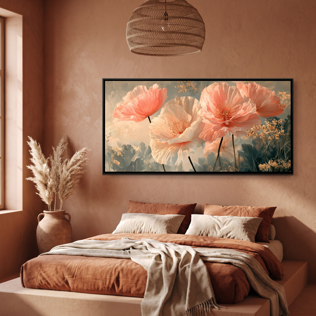 Pink Poppies — canvas art shown in a styled room