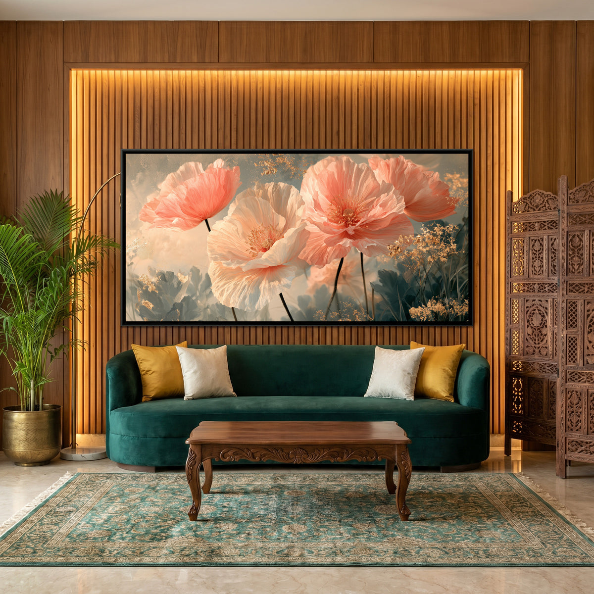 Pink Poppies — canvas art shown in a second room setting