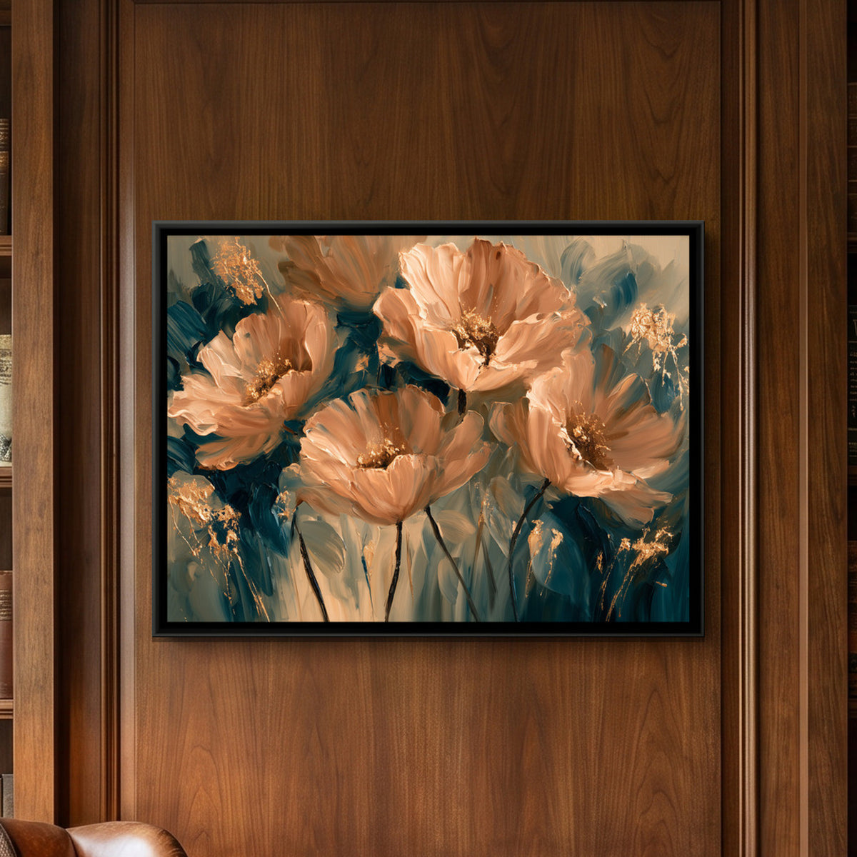 Peach Poppies — framed canvas art hung on a wall