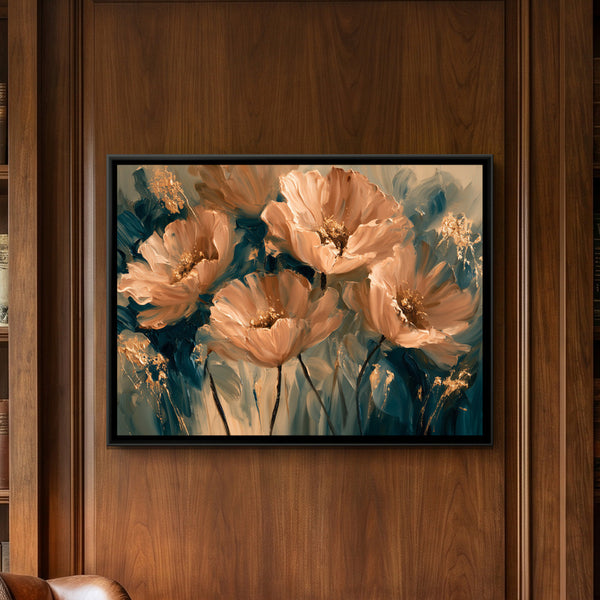 Peach Poppies — framed canvas art hung on a wall