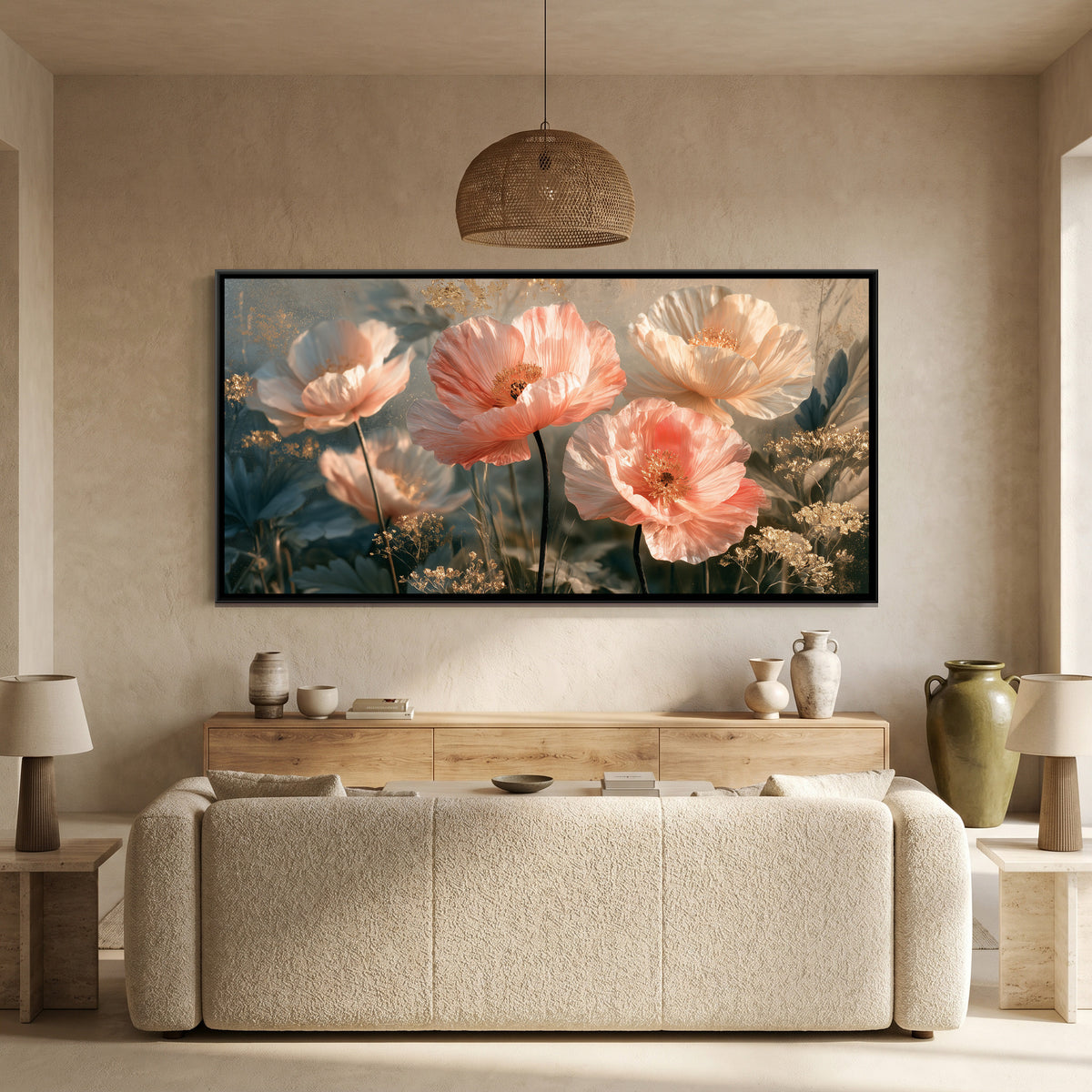 Pink Poppies — canvas art shown in a second room setting