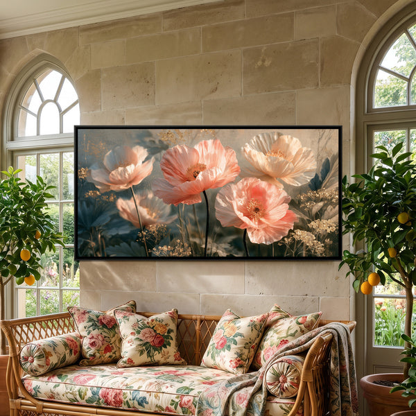 Pink Poppies — framed canvas art hung on a wall