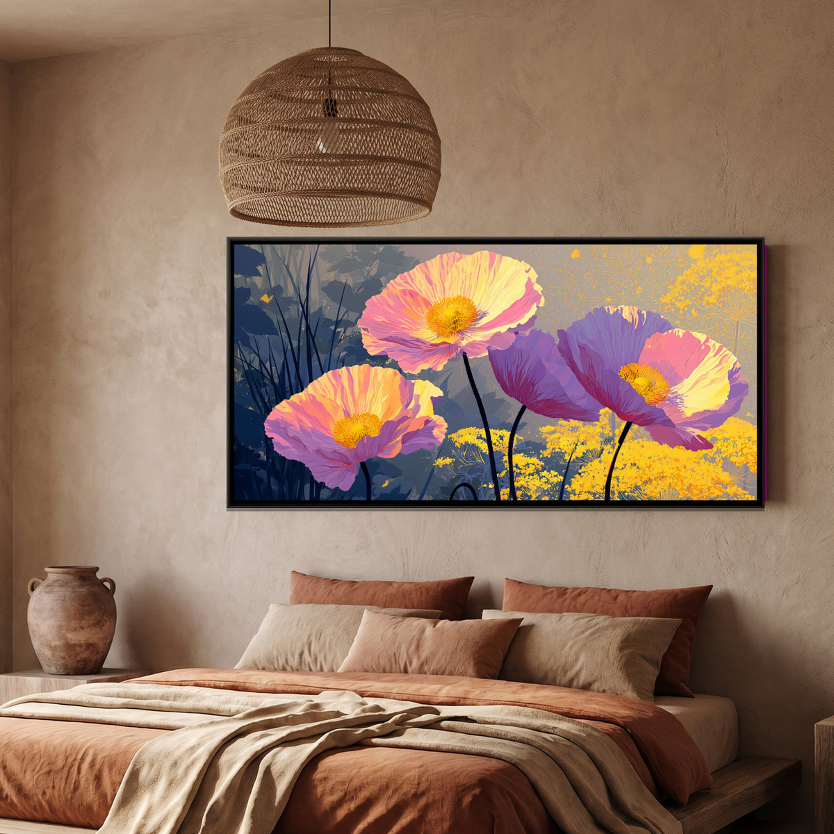 Pink Poppies — framed canvas art hung on a wall