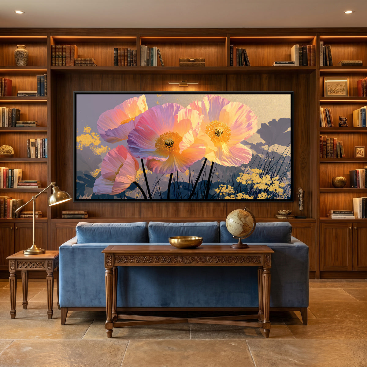 Pink Poppies — canvas art shown in a second room setting