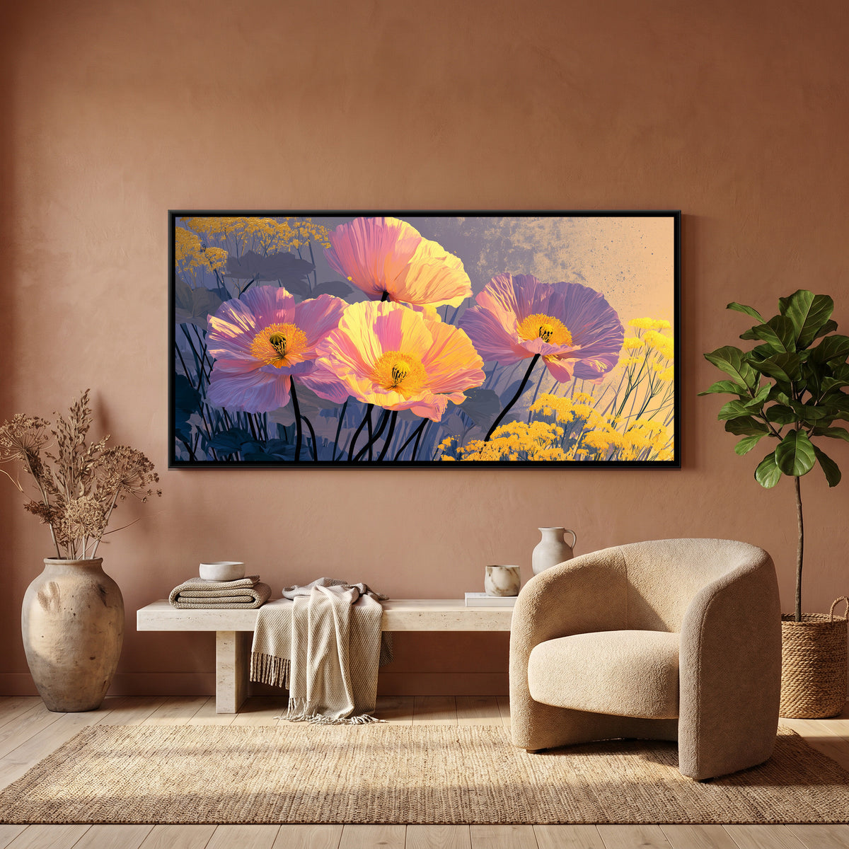 Pink Poppies — canvas art shown in a styled room