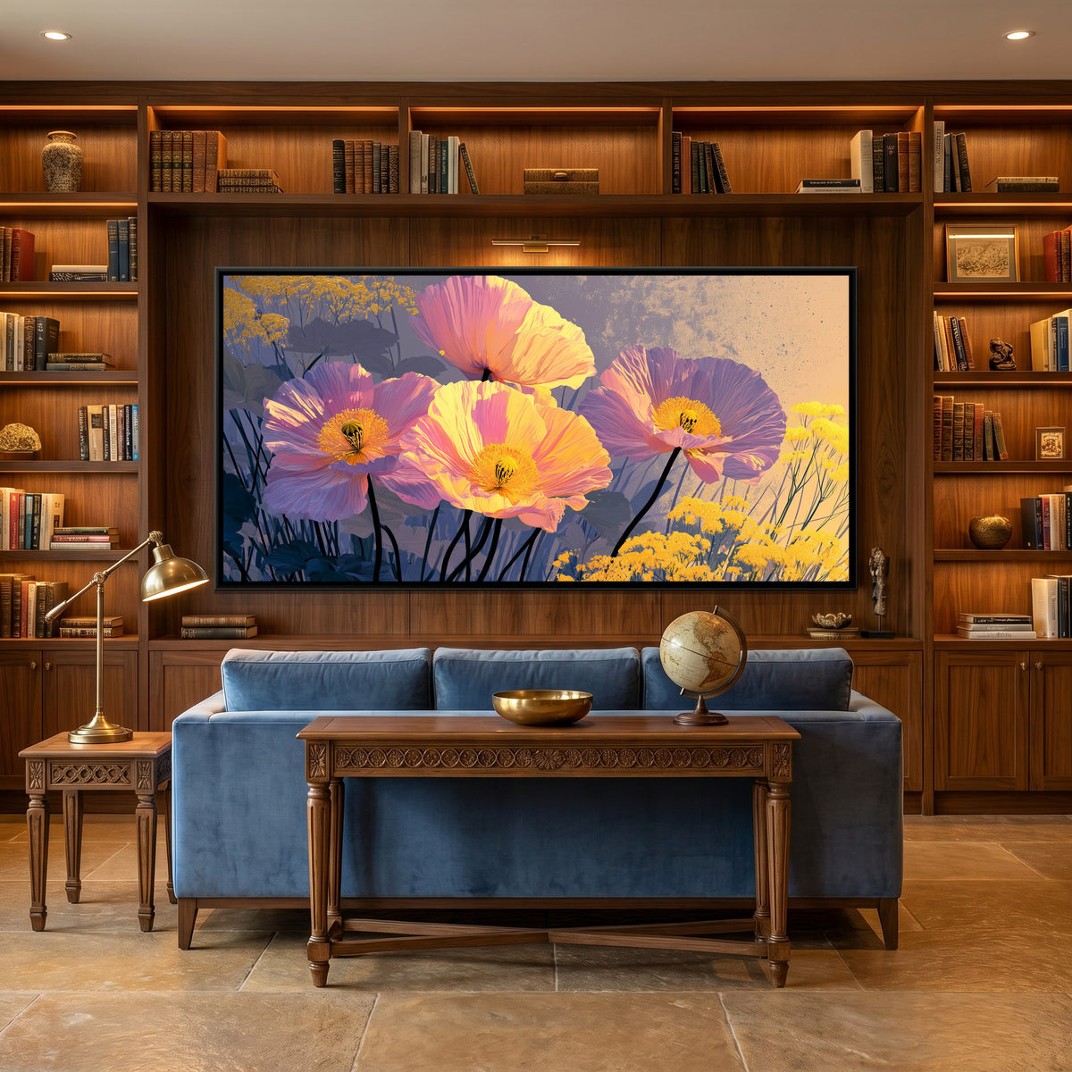 Pink Poppies — canvas art shown in a second room setting
