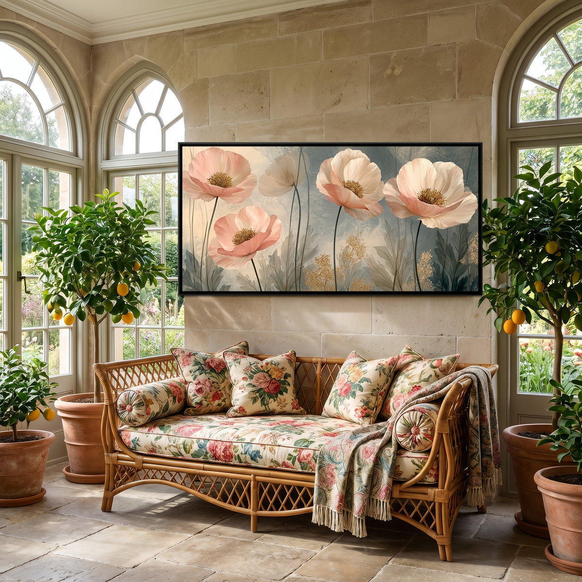 Pink Poppies — canvas art shown in a styled room