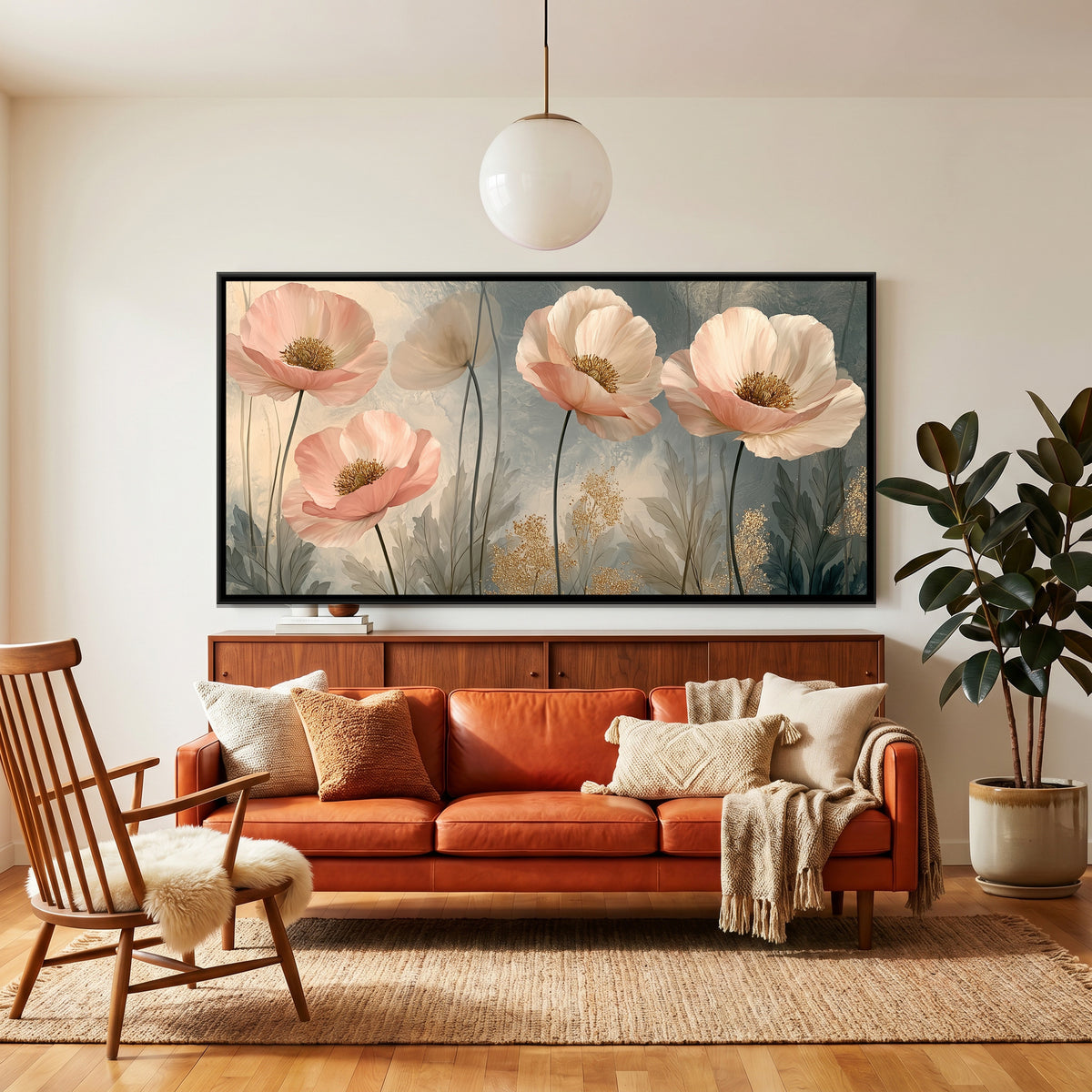 Pink Poppies — canvas art shown in a second room setting