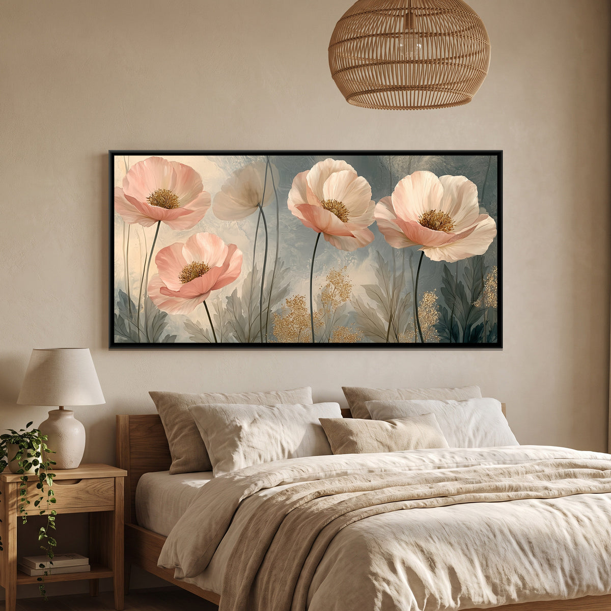 Pink Poppies — framed canvas art hung on a wall