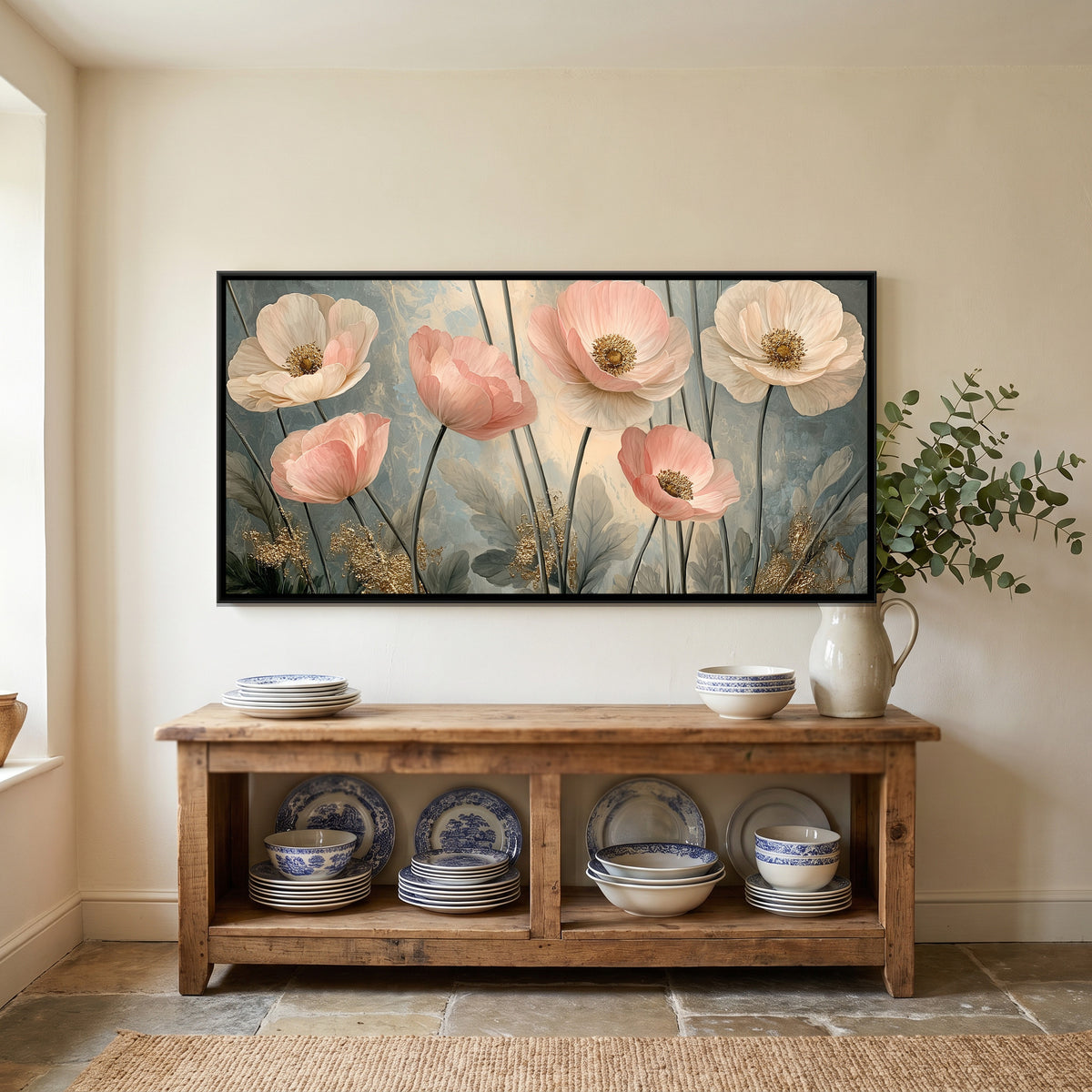 Pink Poppies — canvas art shown in a styled room