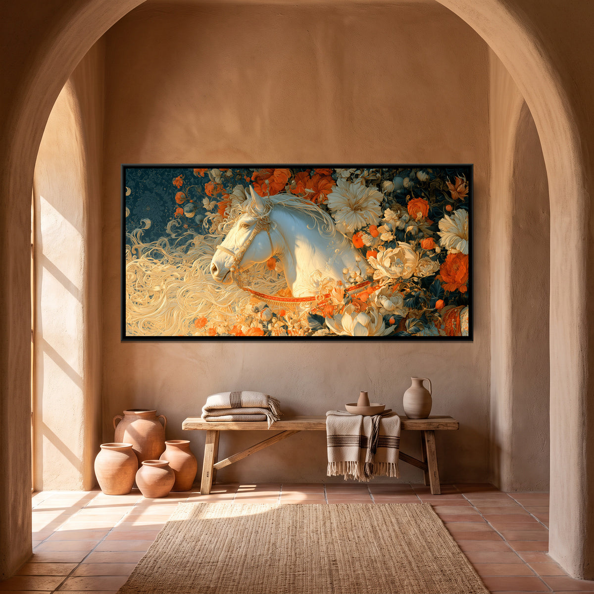 White Horse — canvas art shown in a second room setting