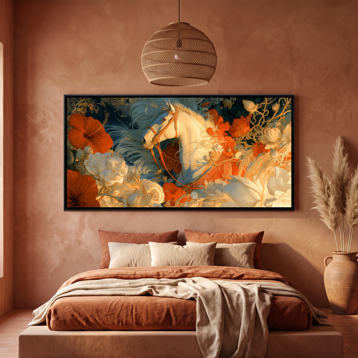 White Horse — framed canvas art hung on a wall