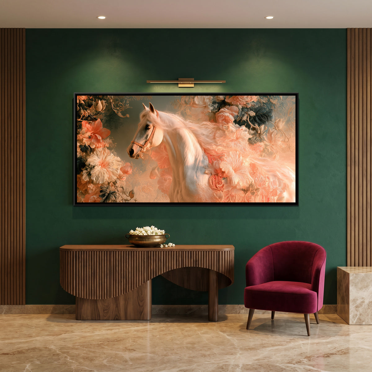 White Horse — canvas art shown in a second room setting