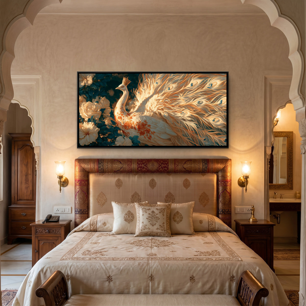 White Peacock — canvas art shown in a styled room