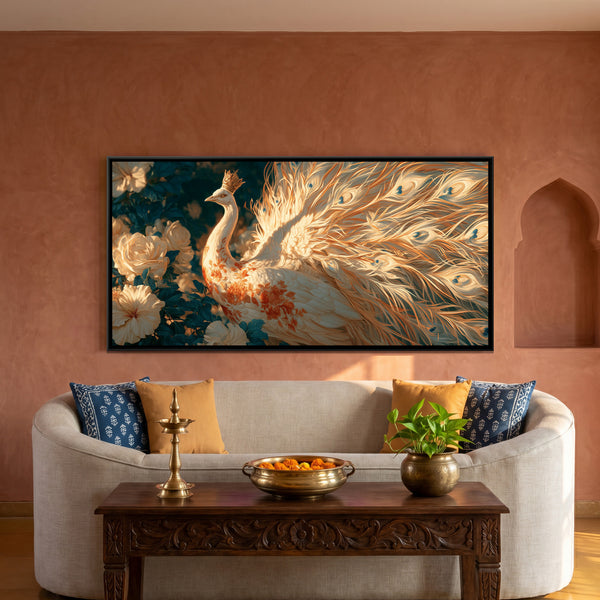 White Peacock — framed canvas art hung on a wall