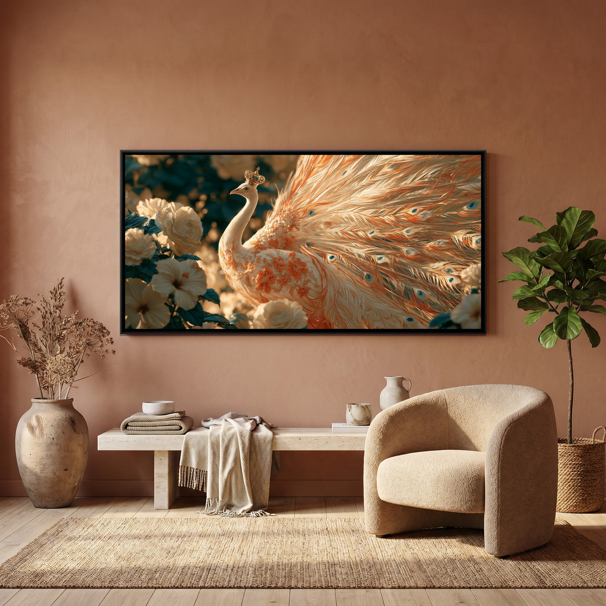 White Peacock — canvas art shown in a second room setting
