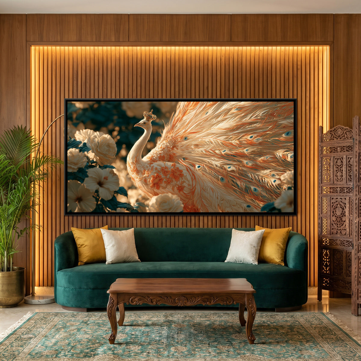 White Peacock — framed canvas art hung on a wall