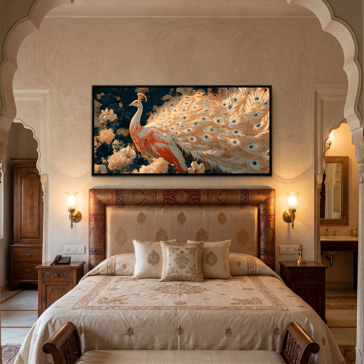 White Peacock — canvas art shown in a styled room