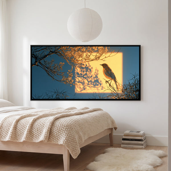 Bird and Plum Blossom — framed canvas art hung on a wall