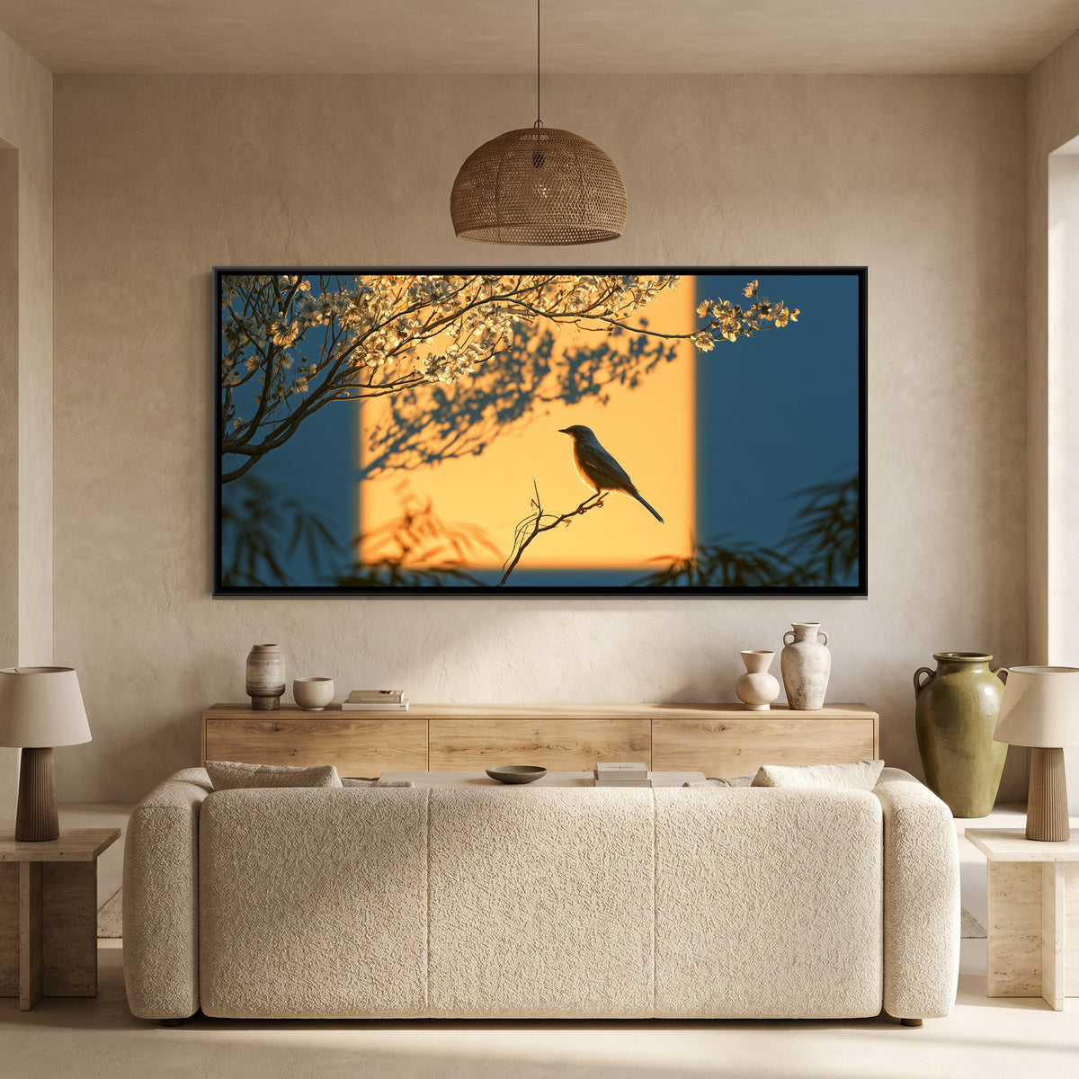Bird and Plum Blossom — canvas art shown in a second room setting