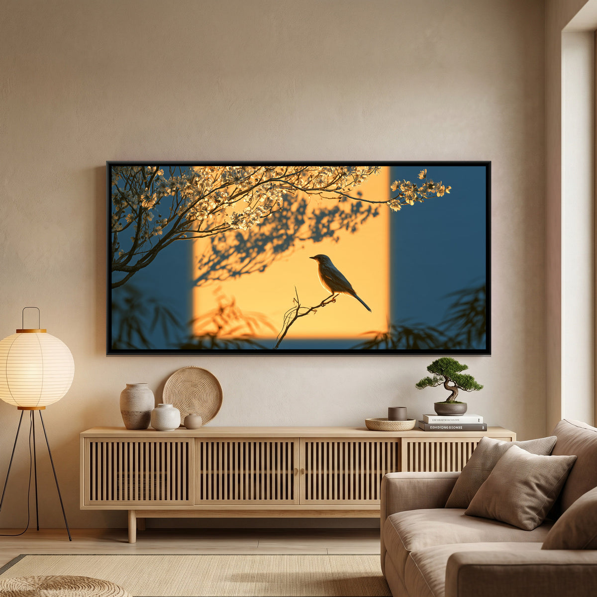 Bird and Plum Blossom — framed canvas art hung on a wall