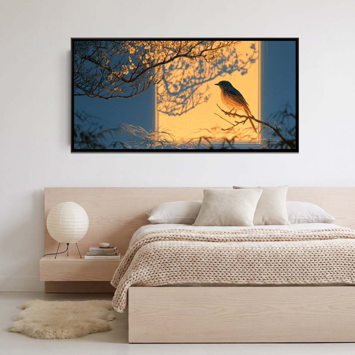 Bird and Plum Blossom — canvas art shown in a styled room