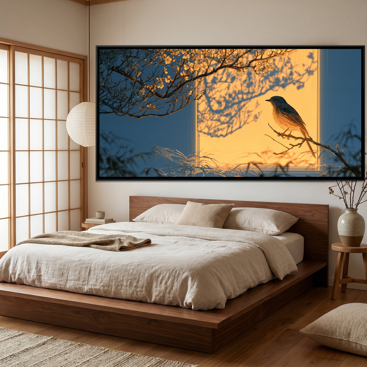 Bird and Plum Blossom — canvas art shown in a second room setting