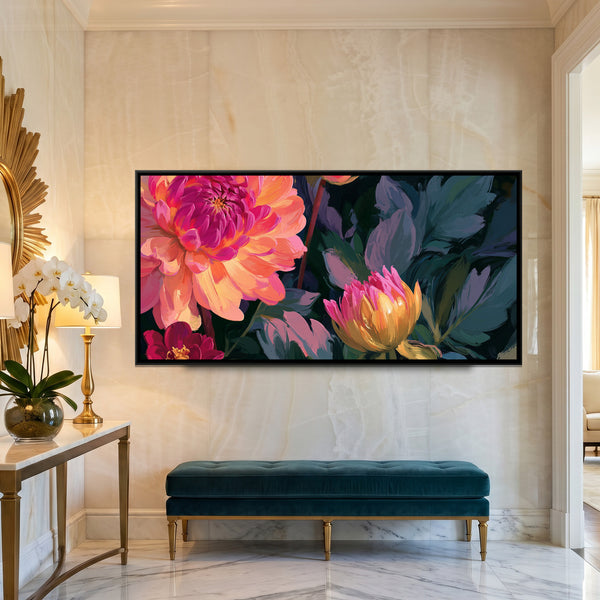 Dahlias — framed canvas art hung on a wall