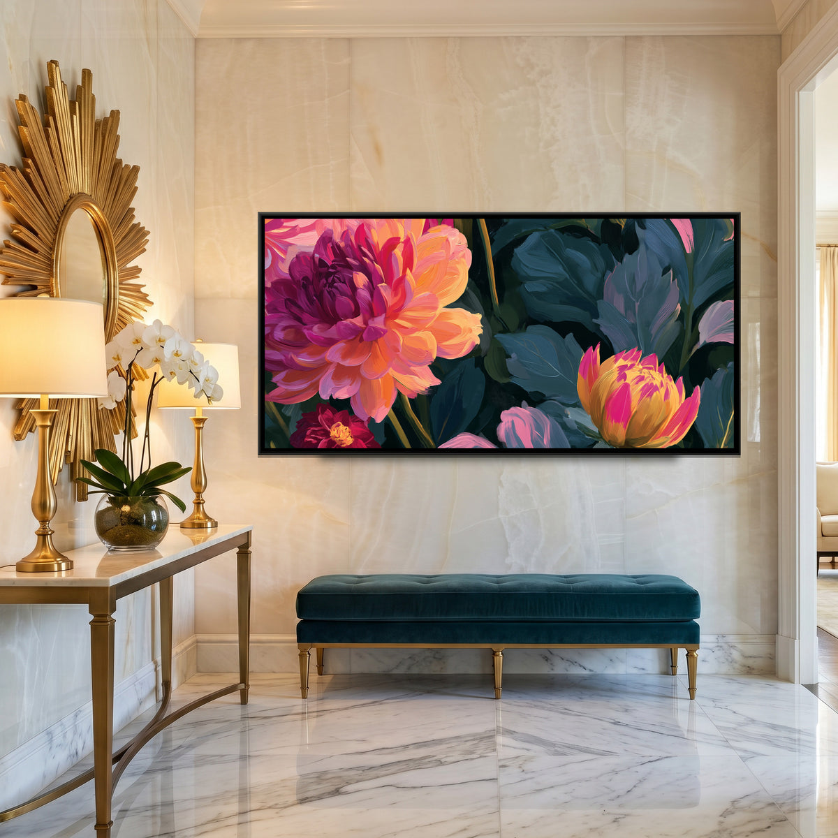 Dahlias — canvas art shown in a styled room