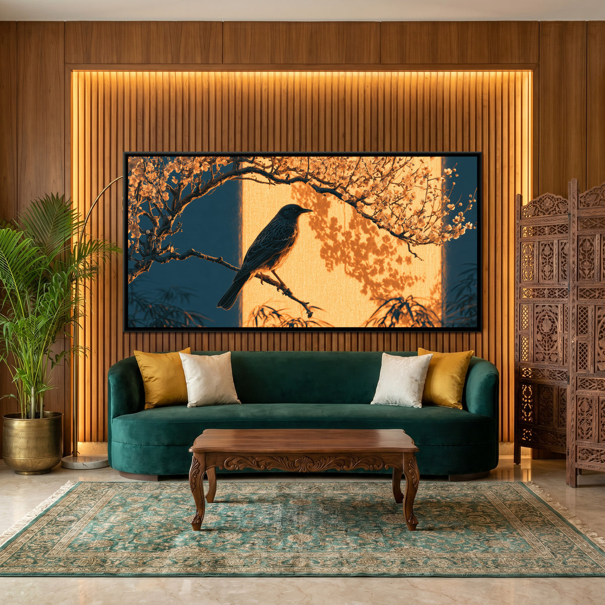Bird and Plum Blossom — canvas art shown in a second room setting
