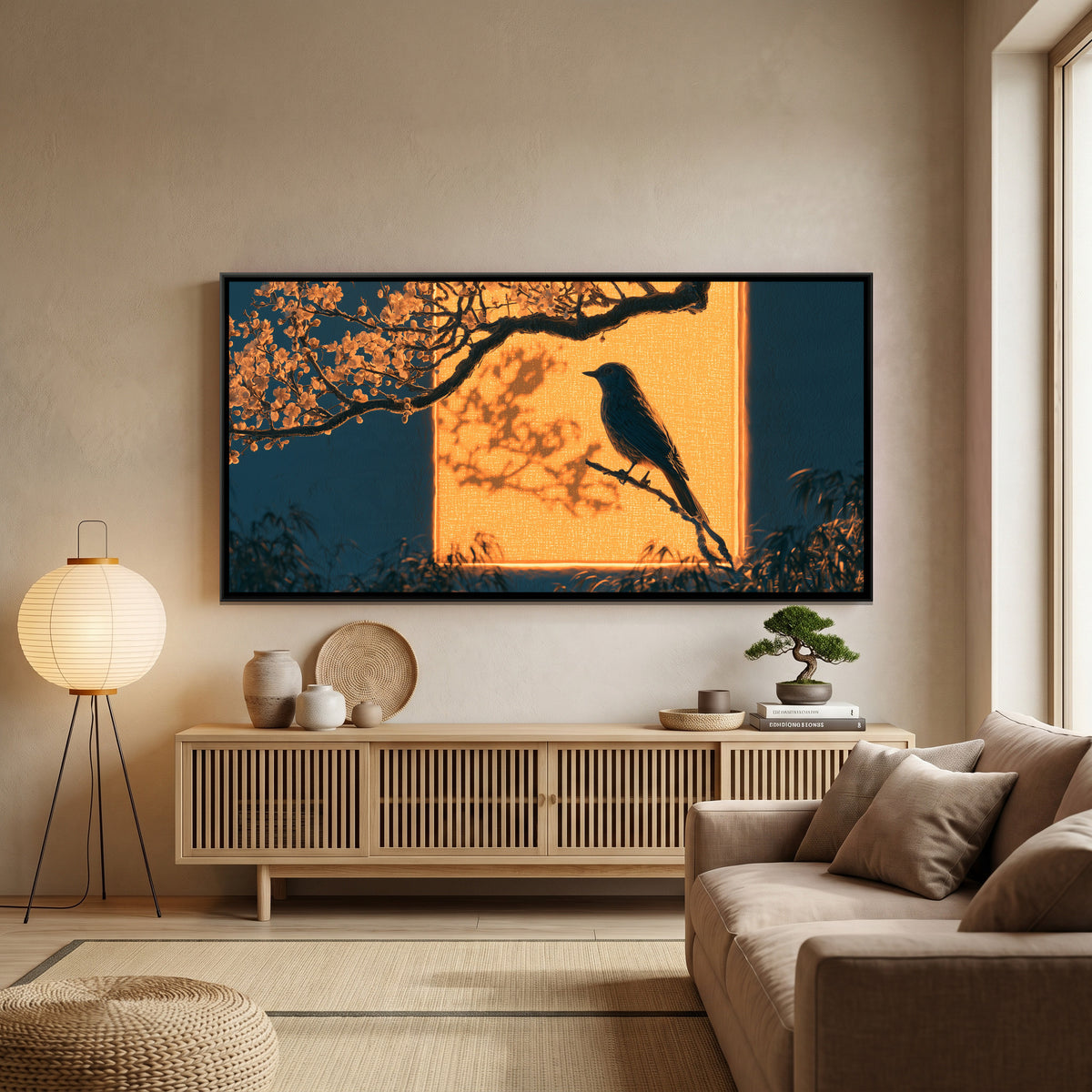 Bird and Plum Blossom — canvas art shown in a second room setting
