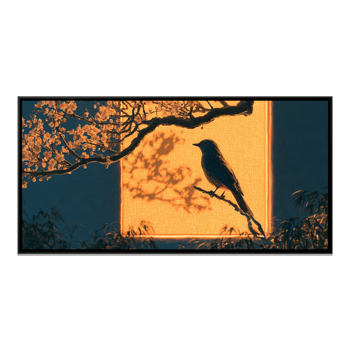 Bird and Plum Blossom — framed canvas print, front view